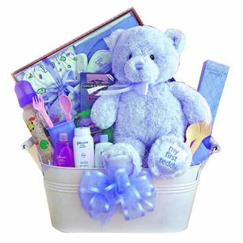 My first Teddy Bear - Baby Blue Gift Basket