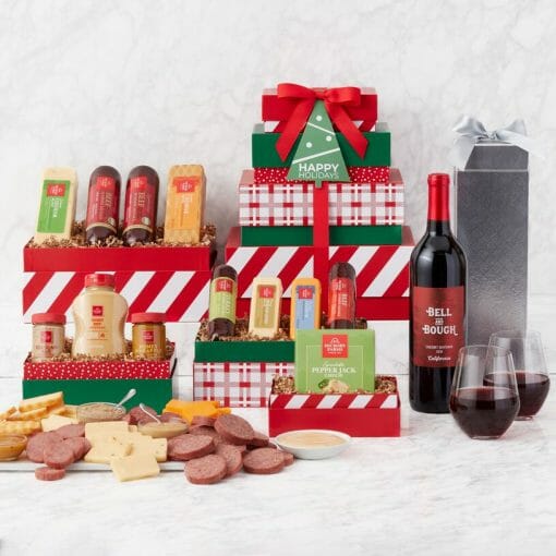 Send a tasty holiday wine gift tower this season