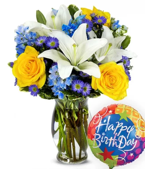 Bright Blue Skies Bouquet with Birthday Balloon