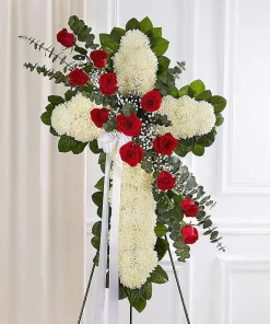 Red & White Standing Cross With Red Rose Break