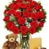 Valentine's two dozen roses with teddy bear and chocolates.