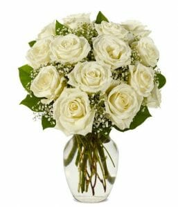 Bouquet of pristine white roses representing purity and grace.