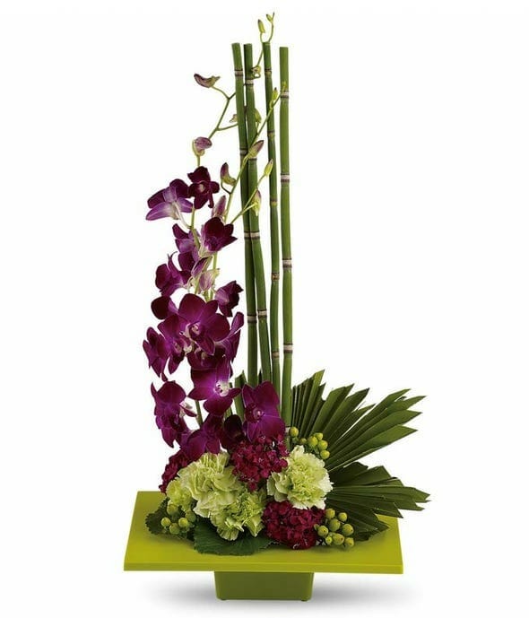 Zen-Inspired Artistic Floral Bouquet - A Harmonious Blend of Purple Orchids, Green Carnations, and Mini Bamboo