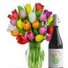 rainbow tulip bouquet with red wine