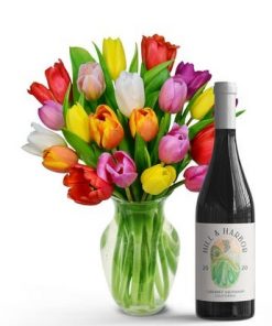 rainbow tulip bouquet with red wine