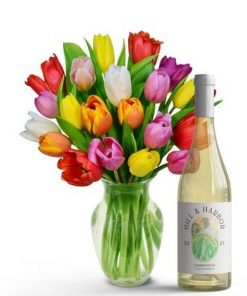 rainbow tulip bouquet with white wine